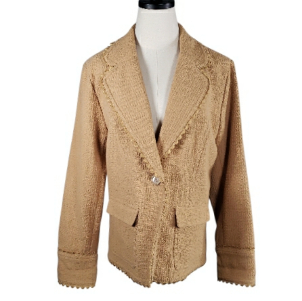 Dialogue Woven Cotton Rick Rack Blazer Jacket 12 Tan Cottage Whimaical Fitted